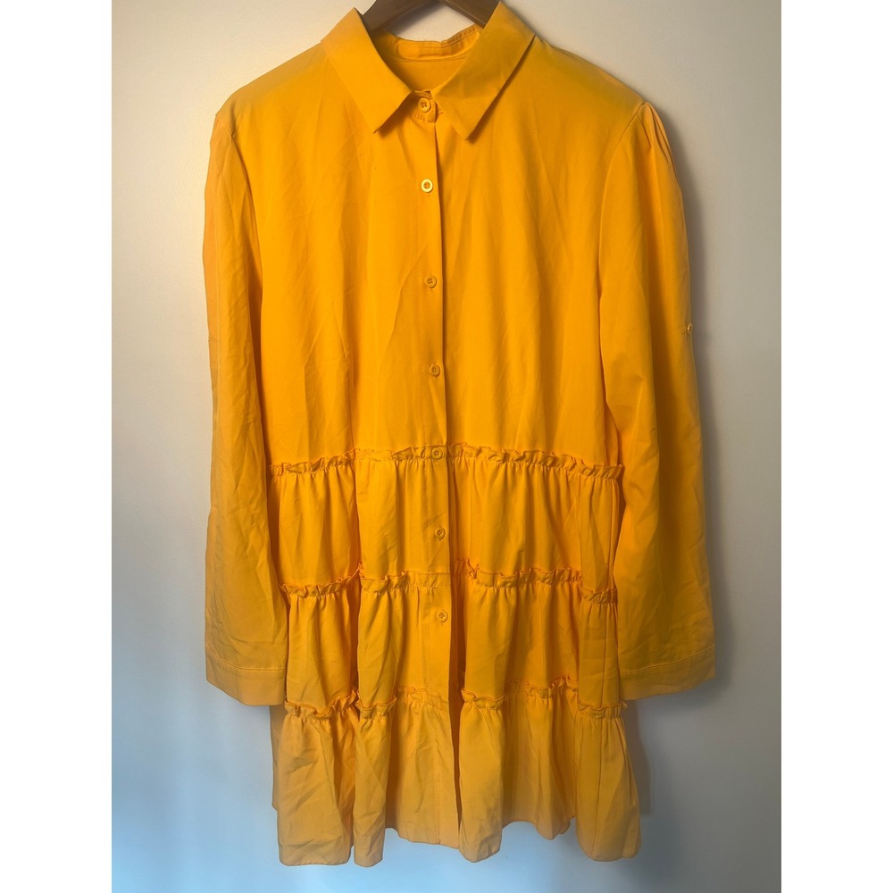XL Shirt Dress Yellow Tiered Ruffle Button Front Long‎ Sleeve Boho Chic Cottage